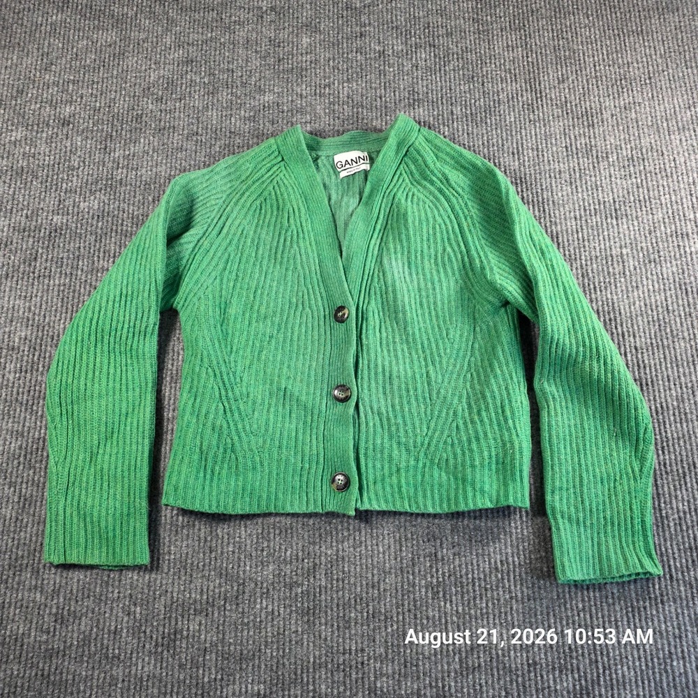 Ganni Green Ribbed Knit V-Neck Cardigan Sweater Made in Italy Size M